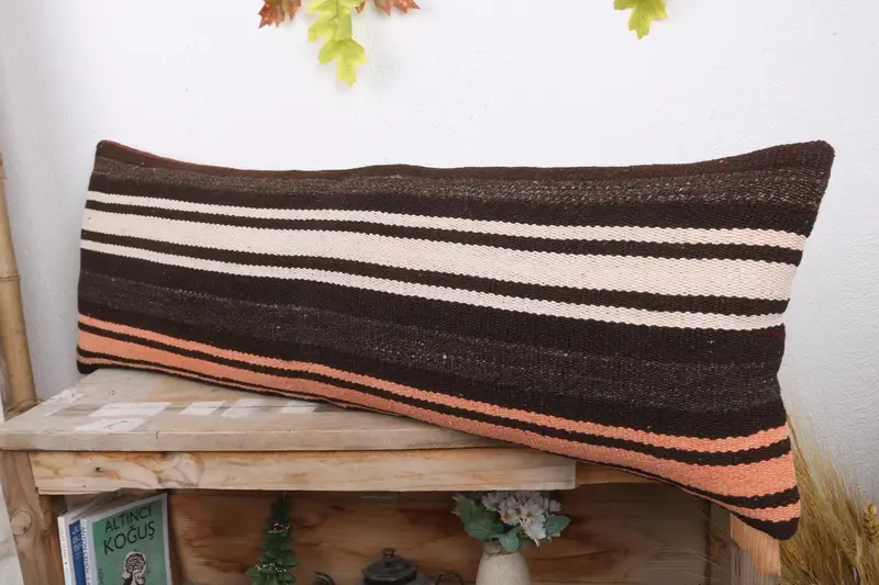 Hippie Throw Cushion Cover, Vintage Kilim Throw Pillow, Handmade Kilim Cushion, 12x36 Brown Cushion Cover, Cushion Cover, Throw Kilim Pillow - 4