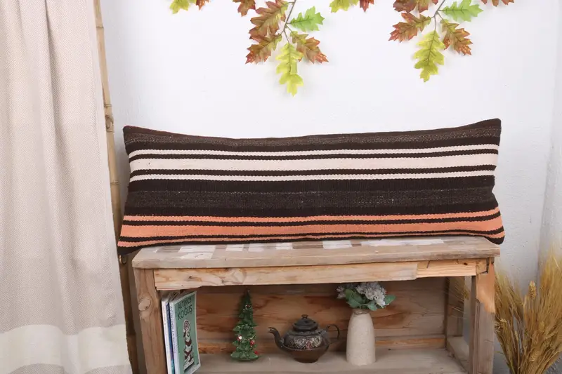 Hippie Throw Cushion Cover, Vintage Kilim Throw Pillow, Handmade Kilim Cushion, 12x36 Brown Cushion Cover, Cushion Cover, Throw Kilim Pillow - 1