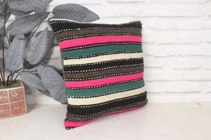 Turkish Kilim Pillow, Farmhouse Pillow Sham, Vintage Pillow, Handmade Pillow Case, Kilim Pillow, Pillow, 14x14 Pink Cushion Cover - 3