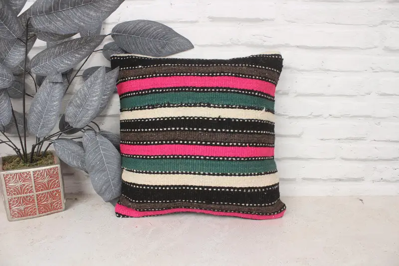 Turkish Kilim Pillow, Farmhouse Pillow Sham, Vintage Pillow, Handmade Pillow Case, Kilim Pillow, Pillow, 14x14 Pink Cushion Cover - 1
