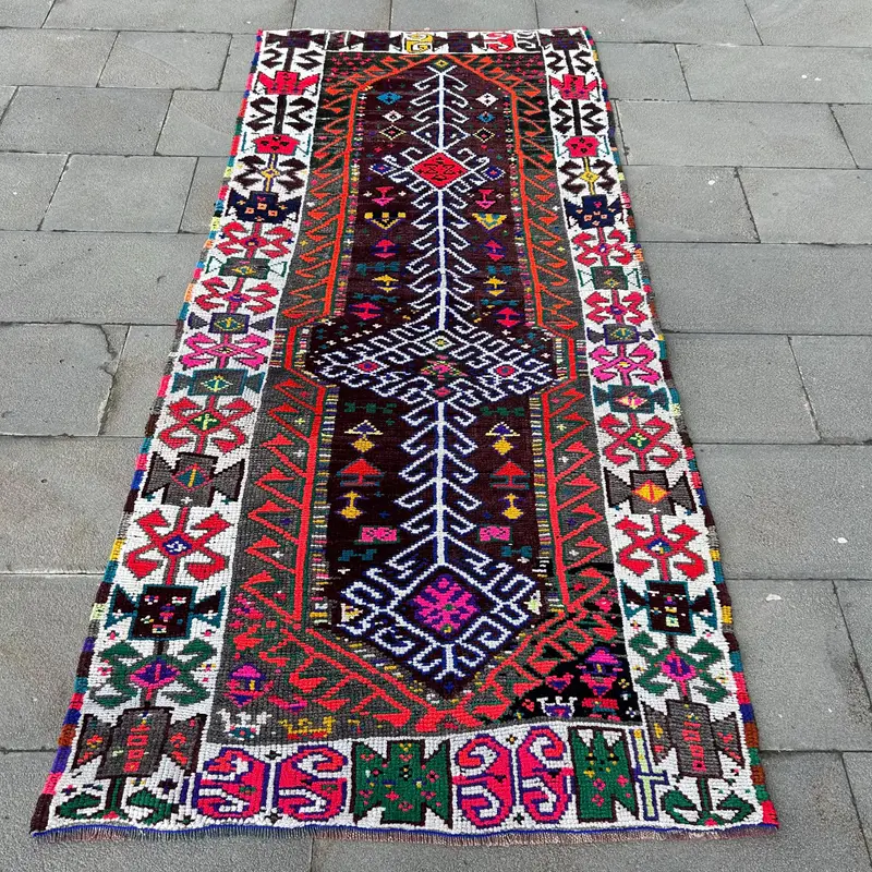 Türkischer 3,5x7,4 ft Teppich, Herki Vintage Teppich, Rote Pflanzen & Bäume Wollteppich - 1