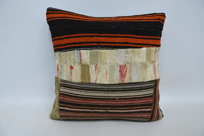 Vintage Brown Pillow Cover, Handwoven Moroccan Striped Square College Dorm Decor Pillow - 1