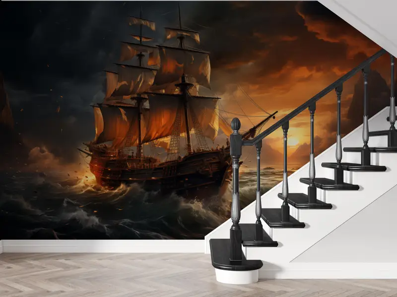 Sea Wall Poster, Man Cave Wall Art, Landscape Wall Decals, Wallpaper Panels, Ship on the Ocean Paper Art, Stylish 3D Wallpaper, - 4