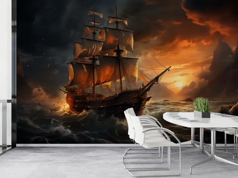 Sea Wall Poster, Man Cave Wall Art, Landscape Wall Decals, Wallpaper Panels, Ship on the Ocean Paper Art, Stylish 3D Wallpaper, - 3