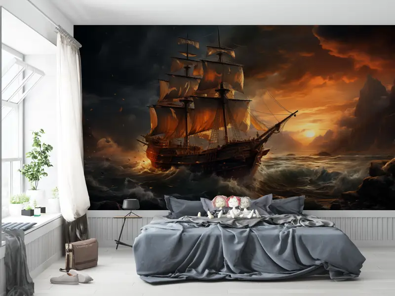 Sea Wall Poster, Man Cave Wall Art, Landscape Wall Decals, Wallpaper Panels, Ship on the Ocean Paper Art, Stylish 3D Wallpaper, - 5