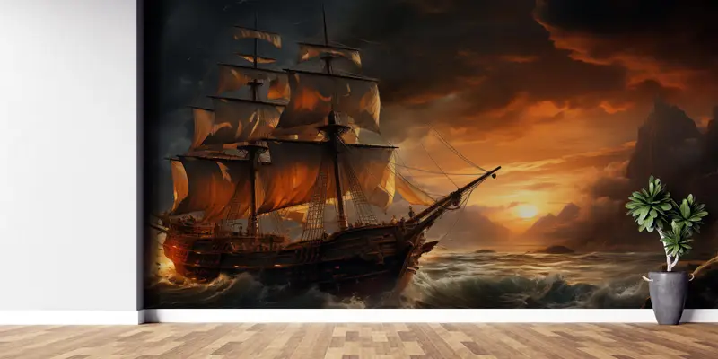 Sea Wall Poster, Man Cave Wall Art, Landscape Wall Decals, Wallpaper Panels, Ship on the Ocean Paper Art, Stylish 3D Wallpaper, - 1