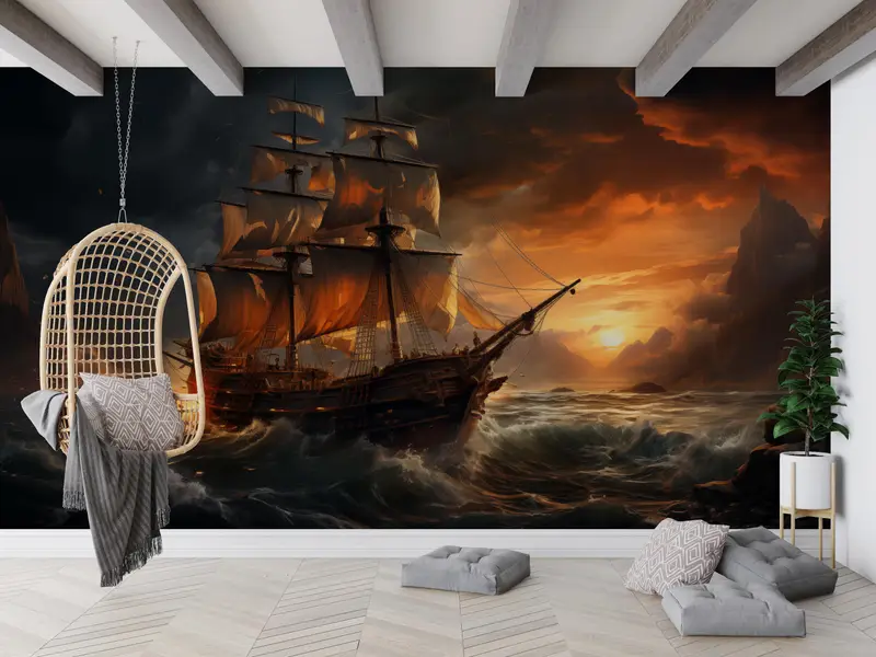 Sea Wall Poster, Man Cave Wall Art, Landscape Wall Decals, Wallpaper Panels, Ship on the Ocean Paper Art, Stylish 3D Wallpaper, - 8