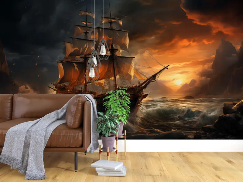 Sea Wall Poster, Man Cave Wall Art, Landscape Wall Decals, Wallpaper Panels, Ship on the Ocean Paper Art, Stylish 3D Wallpaper, - 7