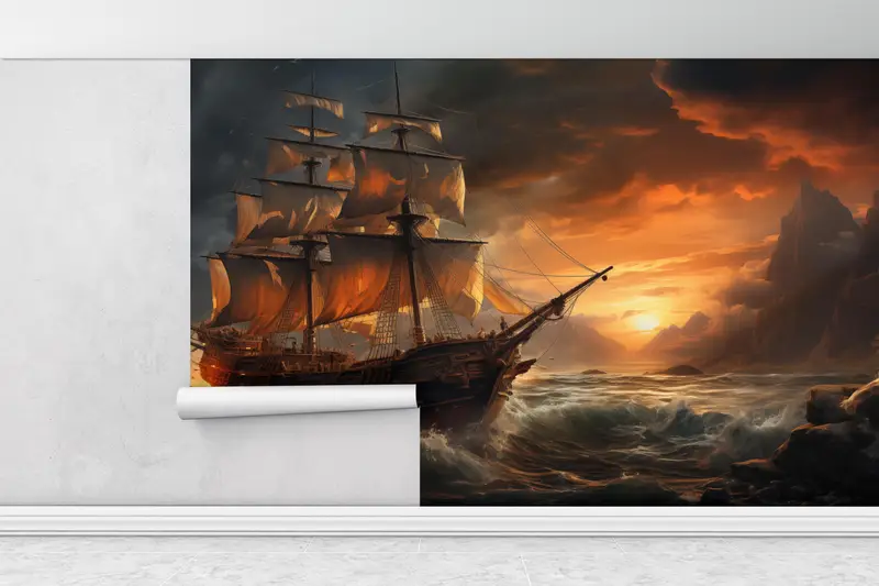 Sea Wall Poster, Man Cave Wall Art, Landscape Wall Decals, Wallpaper Panels, Ship on the Ocean Paper Art, Stylish 3D Wallpaper, - 2