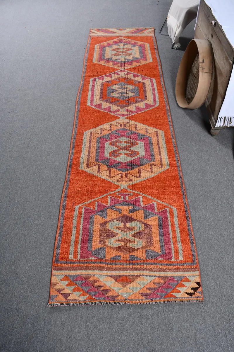 Vintage Turkish Rug 2.8x10.8 ft (85x330 cm), Herki Orange Gray Camouflage Rug - 1