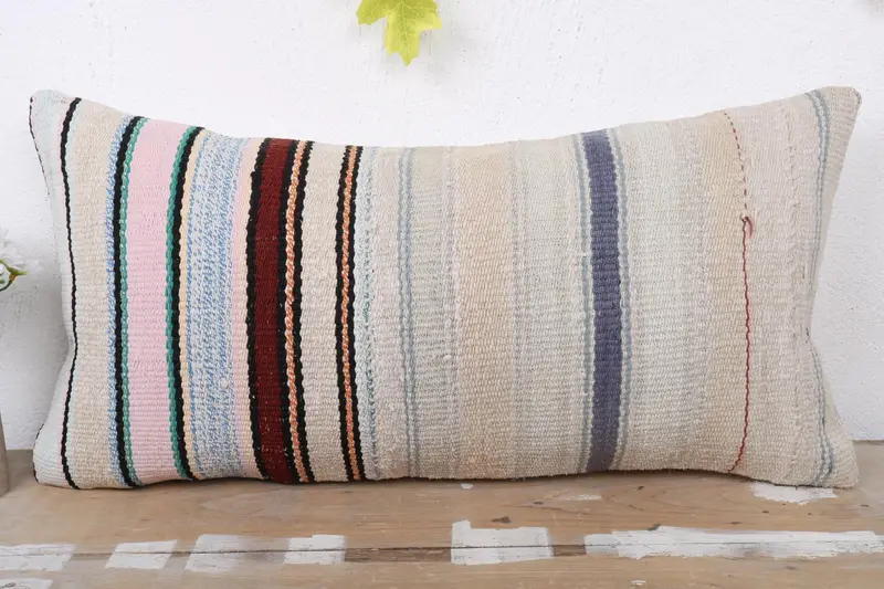 Boho Pillow, Antique Pillows, Crochet Pattern Pillow, Decorative Bolster Pillow Sham, Kilim Cushion Sham, 12x24 Beige Cushion Cover, Pillow Cover - 2