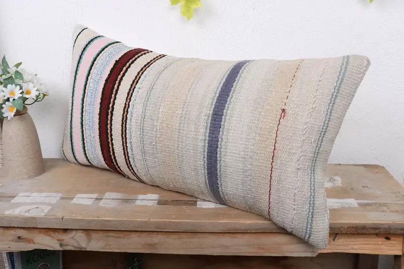 Boho Pillow, Antique Pillows, Crochet Pattern Pillow, Decorative Bolster Pillow Sham, Kilim Cushion Sham, 12x24 Beige Cushion Cover, Pillow Cover - 4