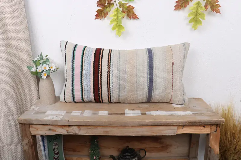 Boho Pillow, Antique Pillows, Crochet Pattern Pillow, Decorative Bolster Pillow Sham, Kilim Cushion Sham, 12x24 Beige Cushion Cover, Pillow Cover - 1
