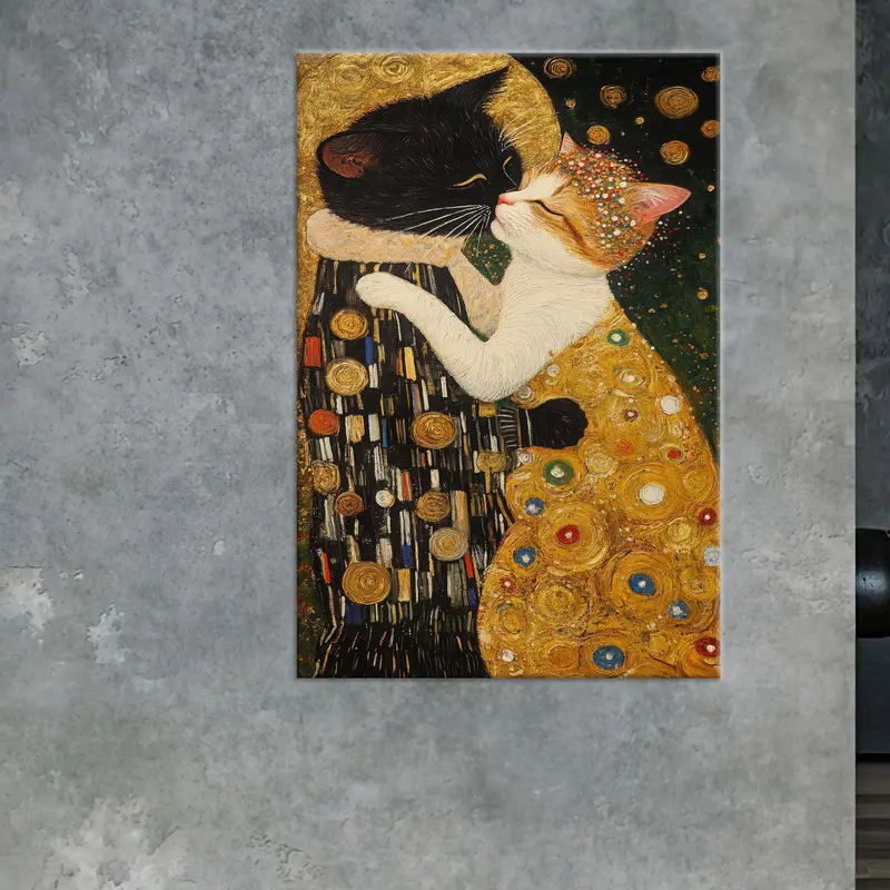 Moderne Gustav Klimt Katzenliebhaber-Leinwand: Eleganter abstrakter Kunstdruck