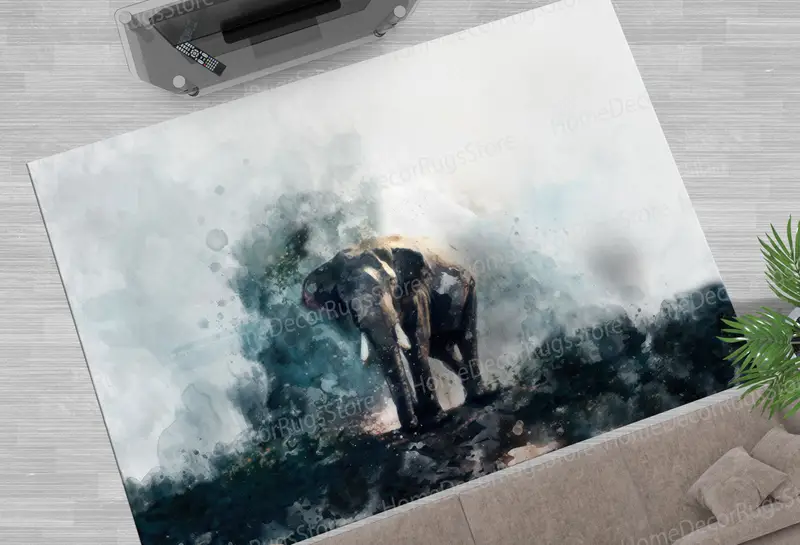 Soyut Fil Suluboya Baskı Halı - Çağdaş Loft Dekoru