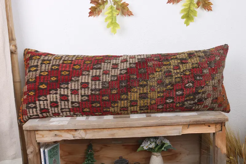 Handmade Kilim Cushion, Sofa Cushion Case, Pillow Sham, 12x36 Red Cushion, Couch Pillow Cover, Antique Pillows, Boho Pillow, Bohemian Cushion Pillow - 2