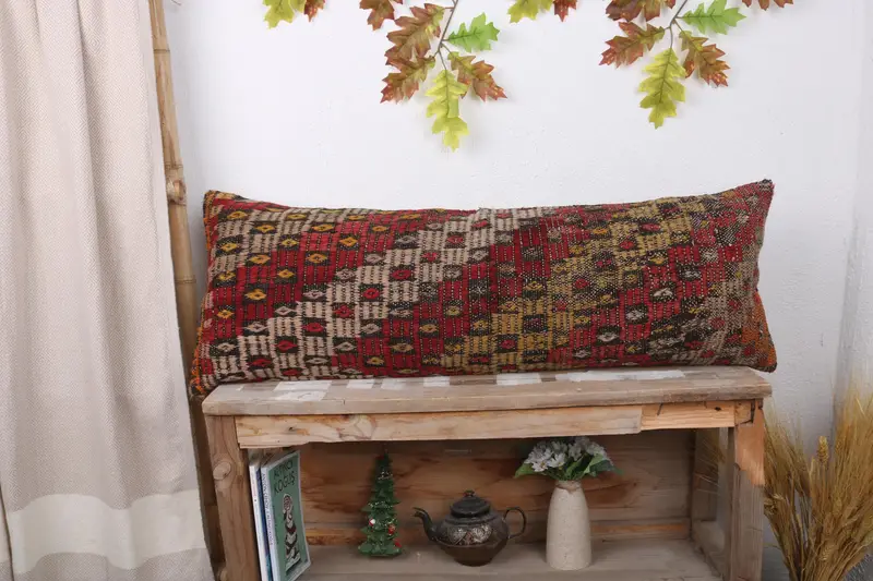 Handmade Kilim Cushion, Sofa Cushion Case, Pillow Sham, 12x36 Red Cushion, Couch Pillow Cover, Antique Pillows, Boho Pillow, Bohemian Cushion Pillow - 1
