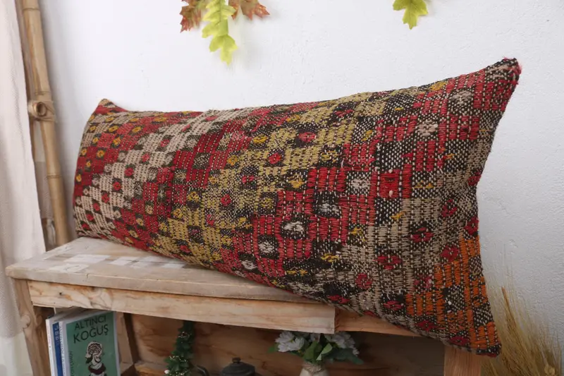Handmade Kilim Cushion, Sofa Cushion Case, Pillow Sham, 12x36 Red Cushion, Couch Pillow Cover, Antique Pillows, Boho Pillow, Bohemian Cushion Pillow - 4