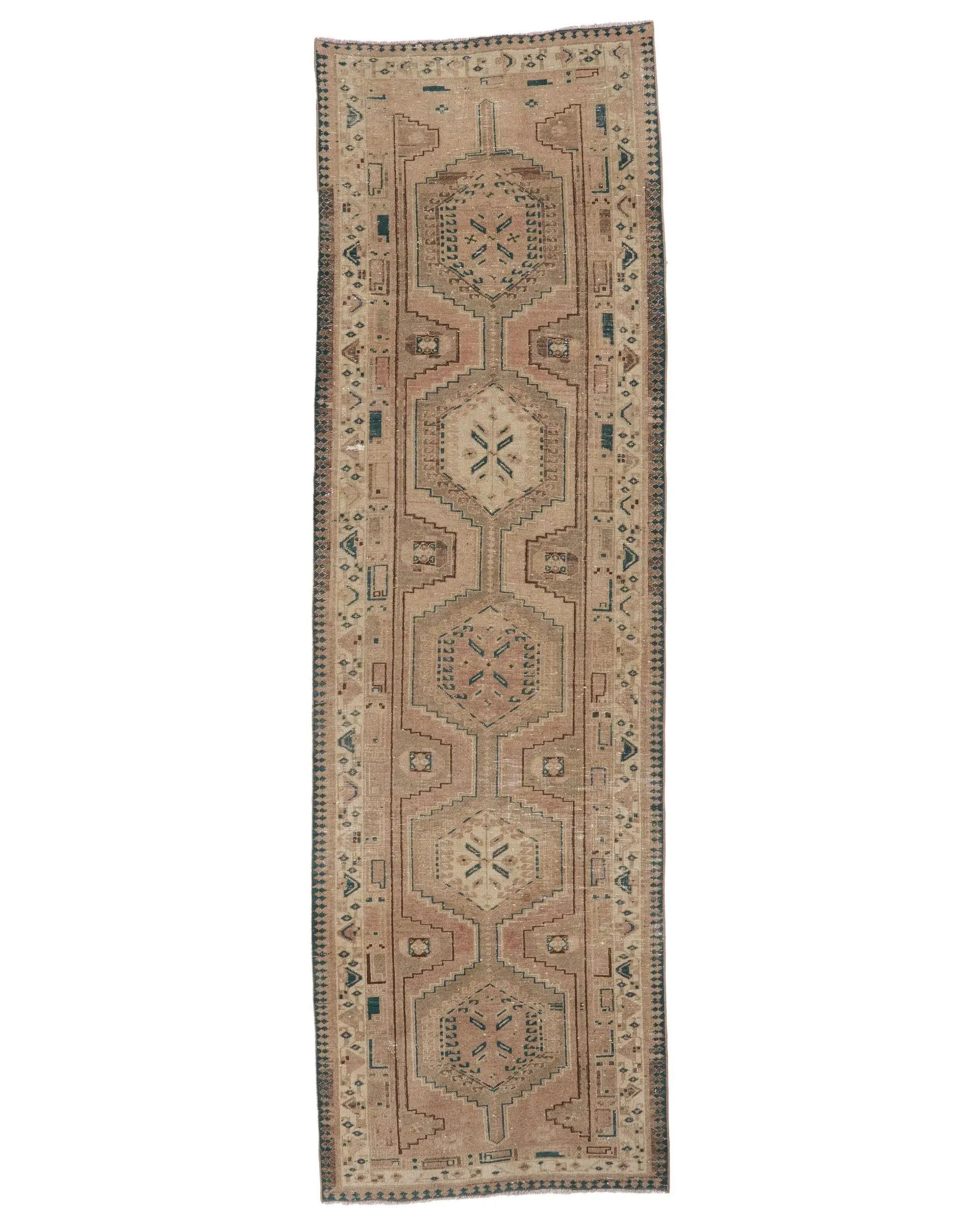 3.2x10.6 ft Runner Vintage Rug, Brown Check Turkish Rug - 1