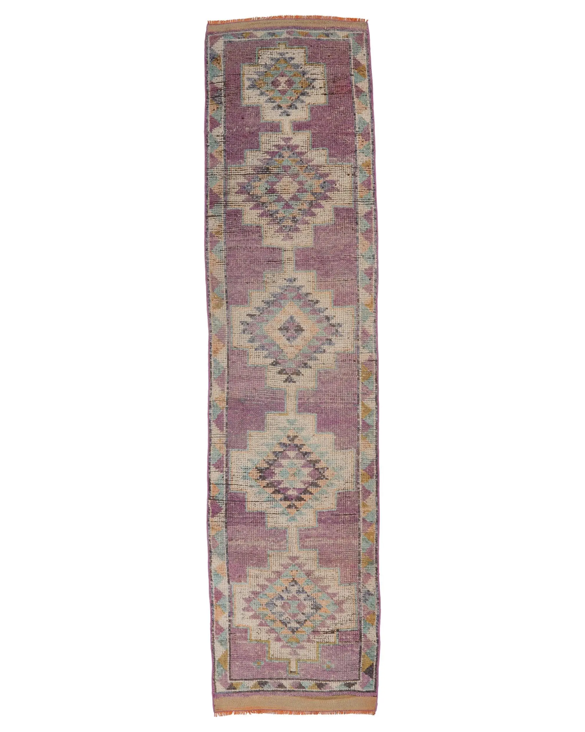 Turkish Rug, 2.7x10.9 ft Vintage Rug, Purple Yellow Polka dot Wool Rug - 1