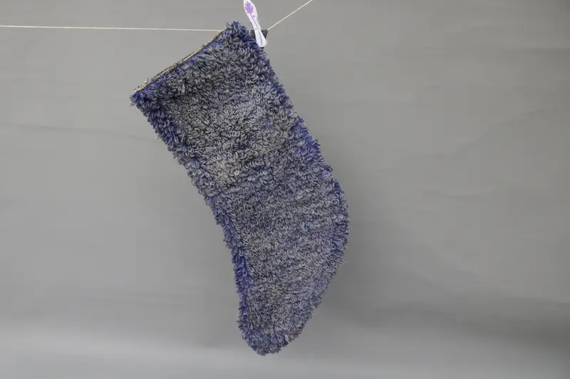 Festive Blue Christmas Stocking with Bronze Ornaments, Holiday Décor