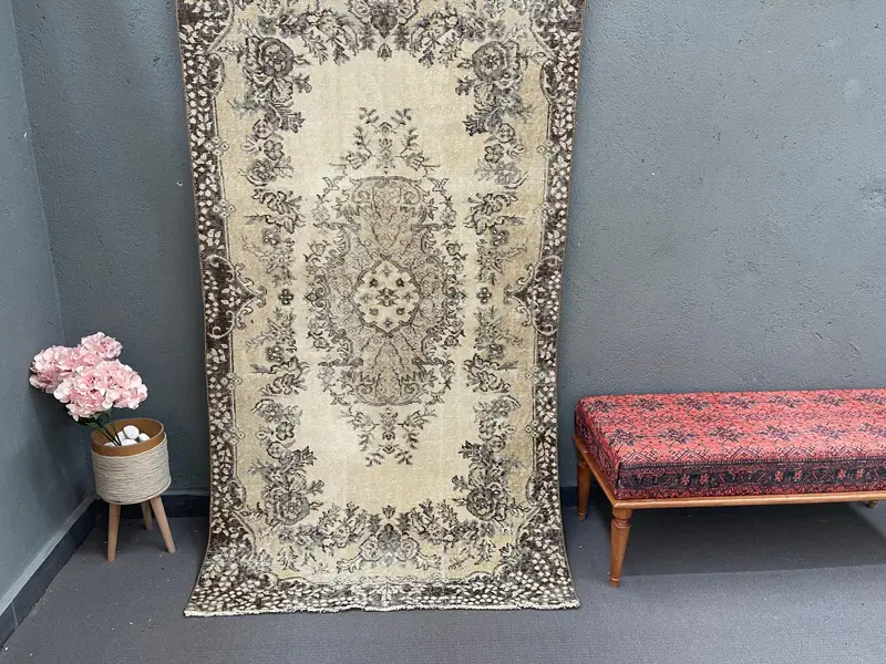 Vintage Oushak Rug 3.8x7 ft (116x213 cm), Brown Striped Turkish Rug - 1