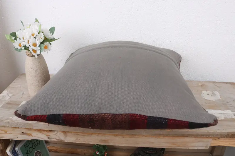 Handmade Kilim Cushion, Cushion Cover, Meditation Pillow Sham, Boho Pillow, 16x16 Red Pillow Sham, Ottoman Pillow Cover, Ethnical Kilim Rug Pillow - 7