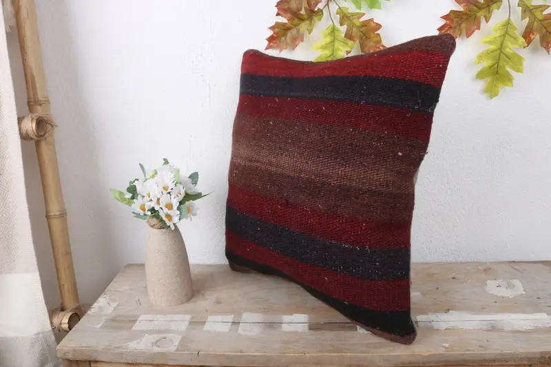 Handmade Kilim Cushion, Cushion Cover, Meditation Pillow Sham, Boho Pillow, 16x16 Red Pillow Sham, Ottoman Pillow Cover, Ethnical Kilim Rug Pillow - 4