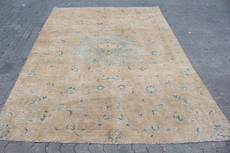 Turkish Vintage Rug, 6.7x9.3 ft Large Rug, Brown Blue Striped Wool Rug - 1
