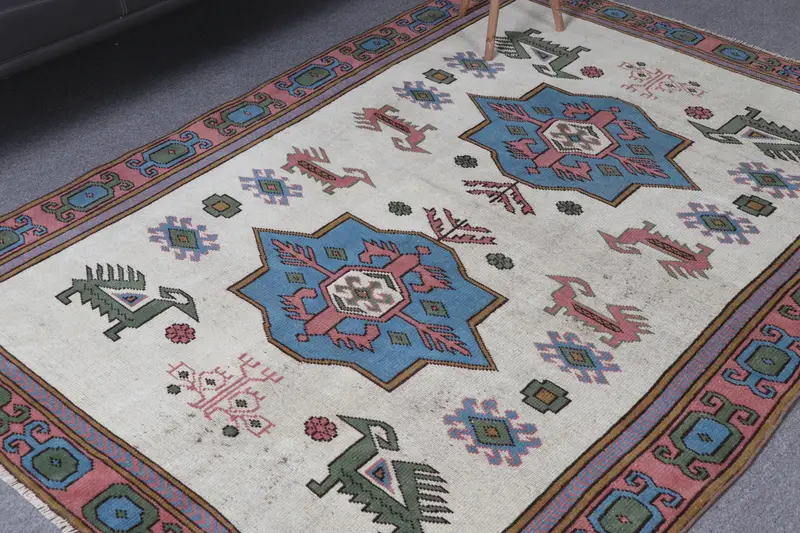 5x7.1 ft Halı, Türk Vintage Halısı, Oushak Mavi Bitkiler ve ağaçlar Halısı - 1