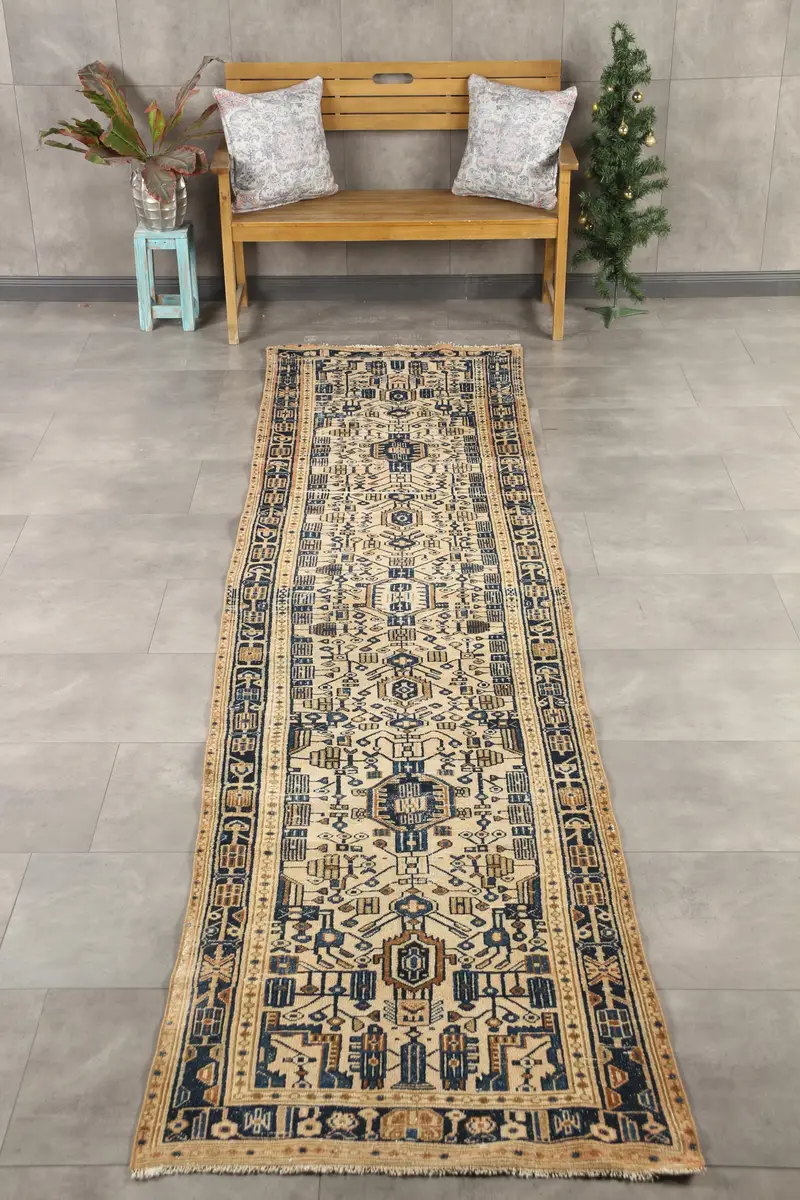Vintage Türk Halısı 2,9x12,8 ft (88x390 cm), Oushak Mavi Kahverengi Kamuflaj Halı - 1