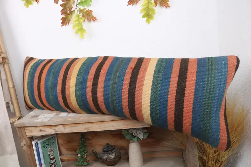 Traditional Cushion, Boho Pillow Sham Cover, Cushion Cover, 12x43 Blue Pillow Case, Antique Pillows, Handwoven Cushion Case, Gift Pillow - 4