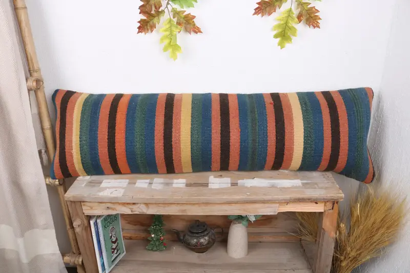 Traditional Cushion, Boho Pillow Sham Cover, Cushion Cover, 12x43 Blue Pillow Case, Antique Pillows, Handwoven Cushion Case, Gift Pillow - 1