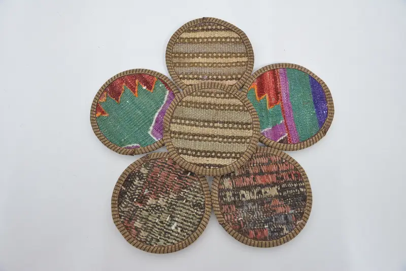 Posavasos a rayas azules y beige, juego de seis posavasos étnicos