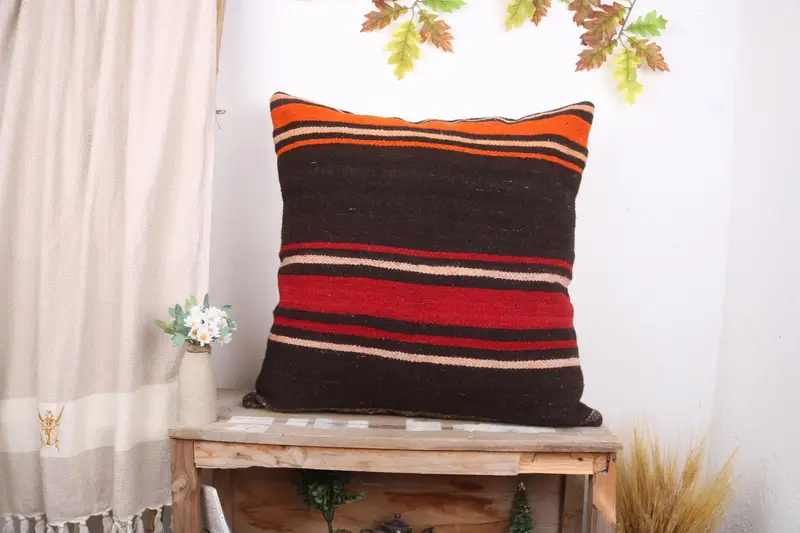 28x28 Brown Pillow Sham, Handmade Kilim Cushion, Interior Designer Pillow, Kilim Pillow, Pillow Sham, Handmade Rug Seat Pillow - 1