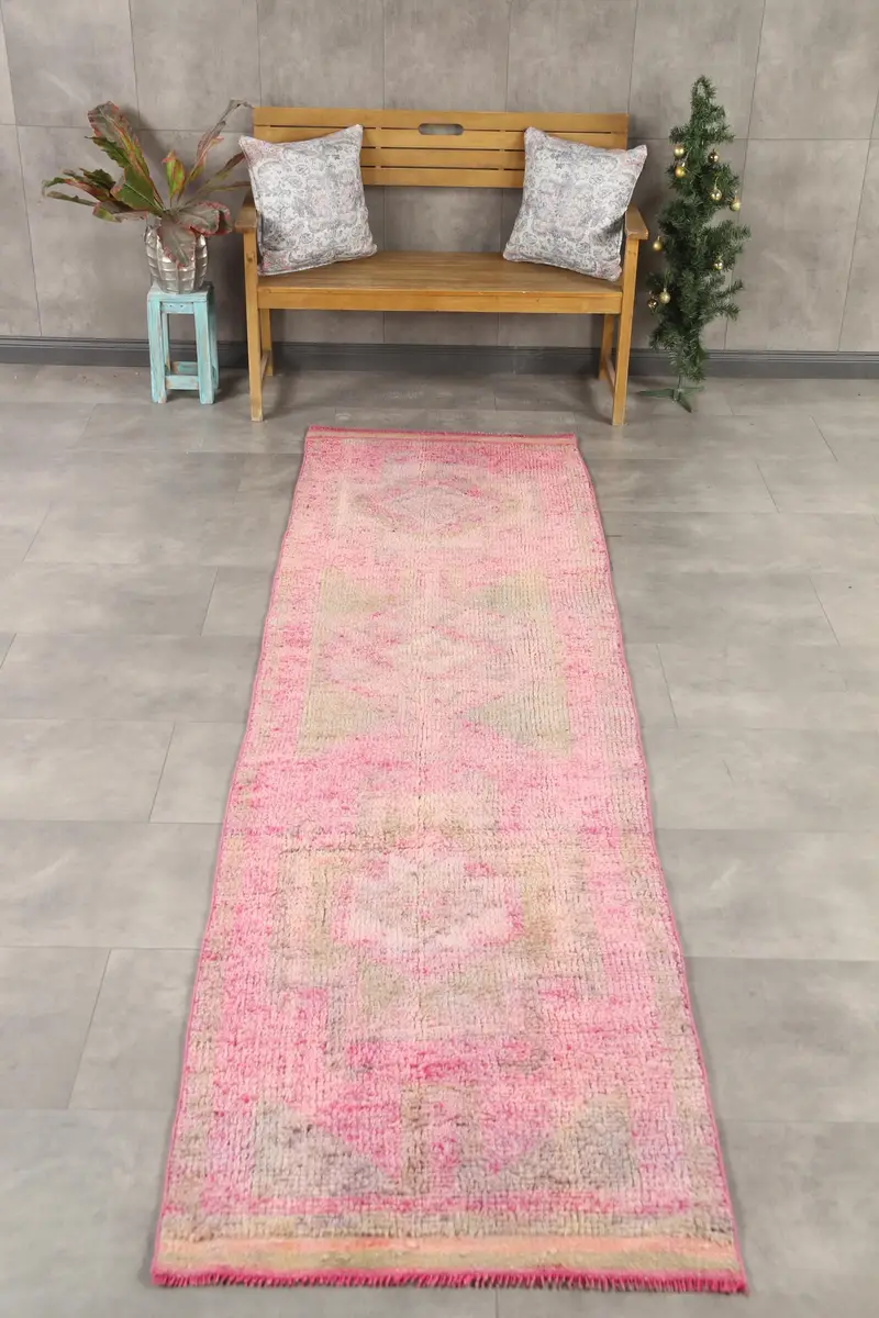 Vintage Halı, Yolluk 2.9x10.8 ft Türk Halısı, Pembe Fas Yün Halısı - 1