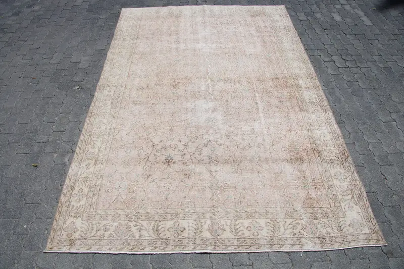 Turkish Vintage Oushak Large Rug 6.5x10.1 ft, Brown Oriental Rug Wool - 1