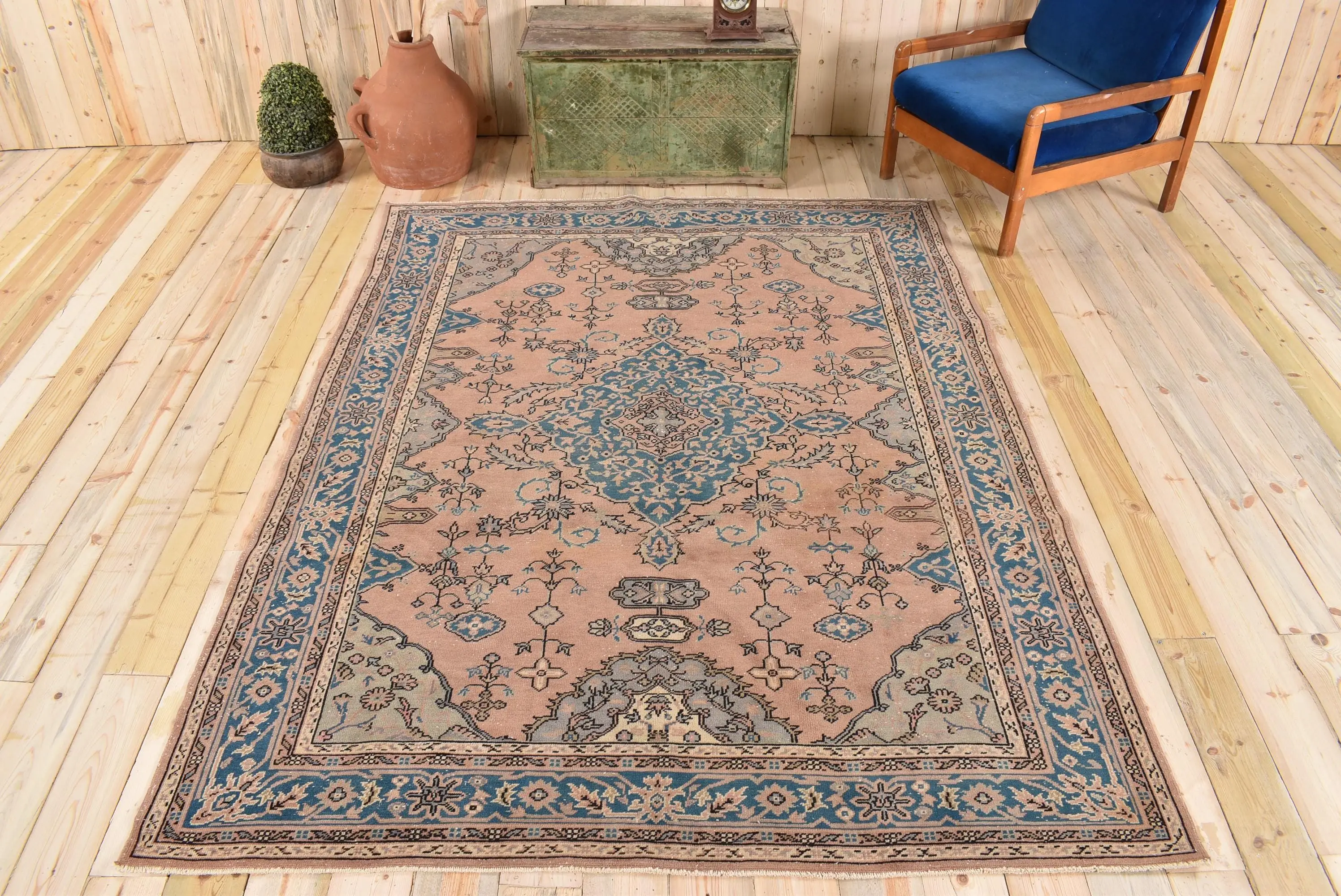 Alfombra grande vintage de 6,2x8,1 pies, alfombra turca, alfombra azul del suroeste - 1