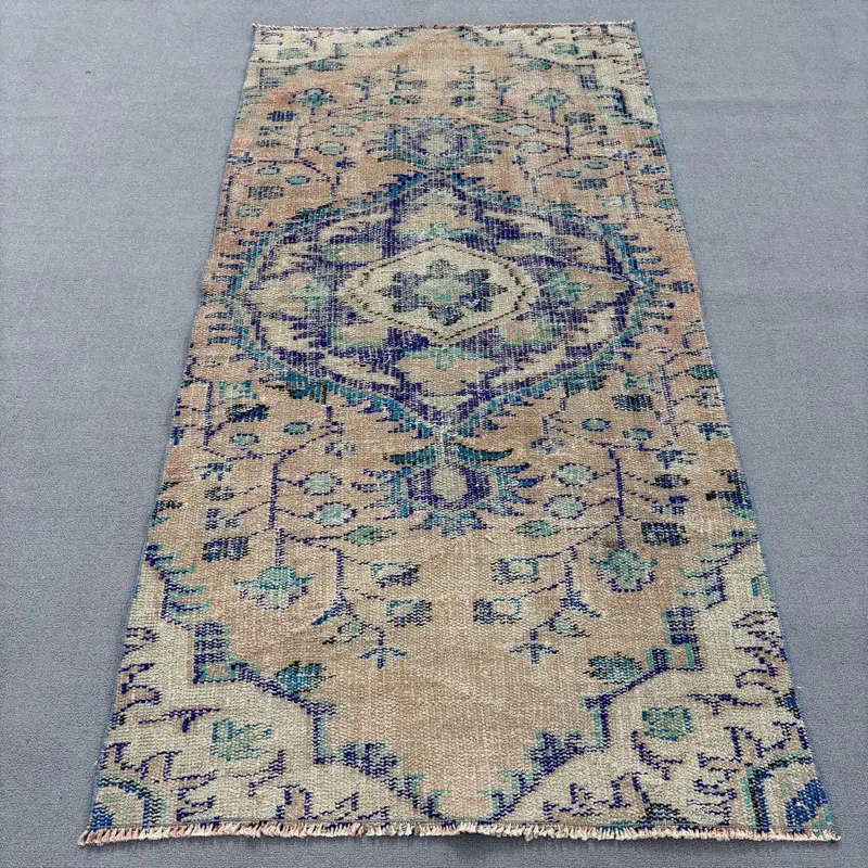 Turkish Vintage Rug, 3.3x6.7 ft Oushak Rug, Blue Accent Polka dot Rug - 1
