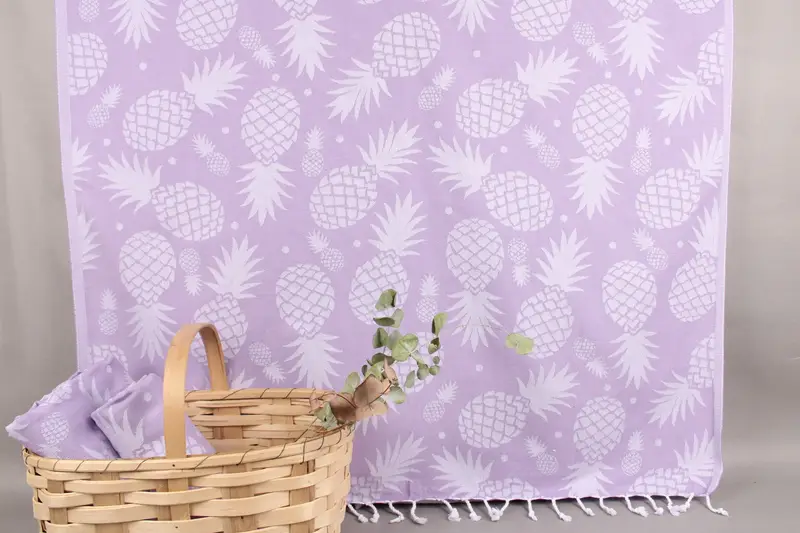 Bath Towel Organic Lilac Pineapple Patterned, Beige, 40x71 Inches