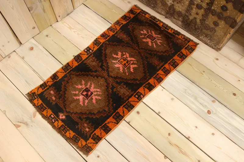 Alfombra pequeña vintage de 1,6x3 pies, lana de alfombra abstracta marrón naranja - 1