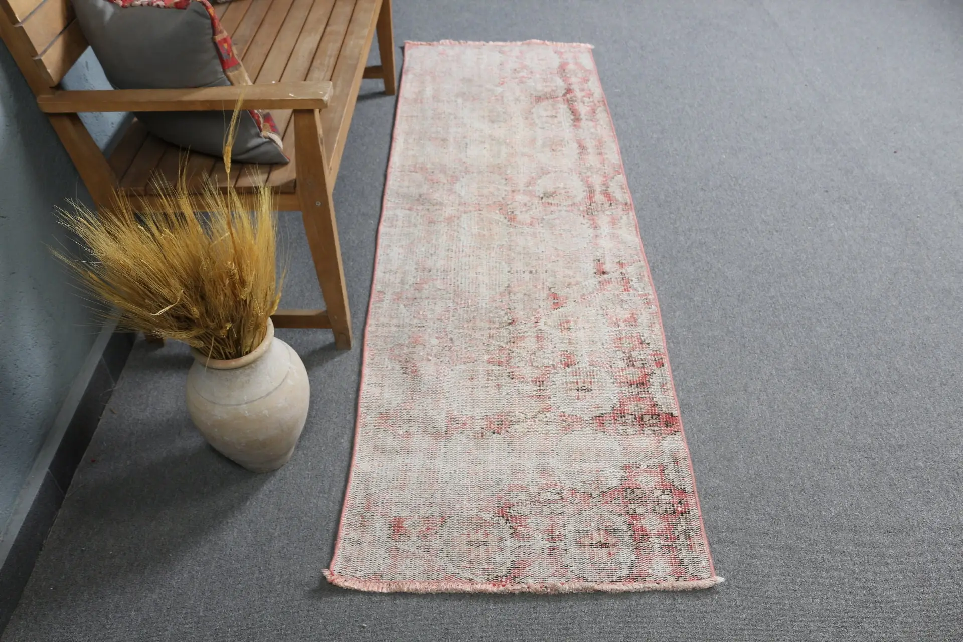 Vintage Runner Rug 2.3x7.1 ft, Gray Camouflage Turkish Wool Rug - 1
