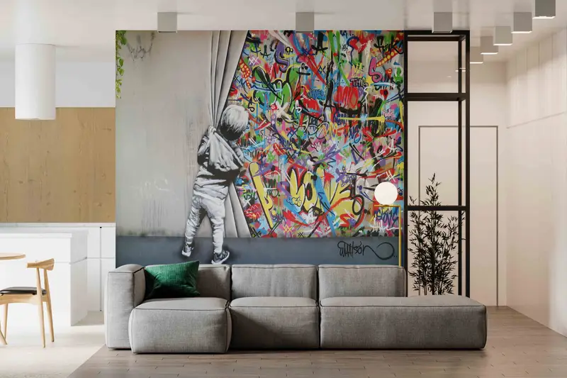 Artistic Banksy Boy Graffiti Printed Wallpaper - Vibrant Room Decor
