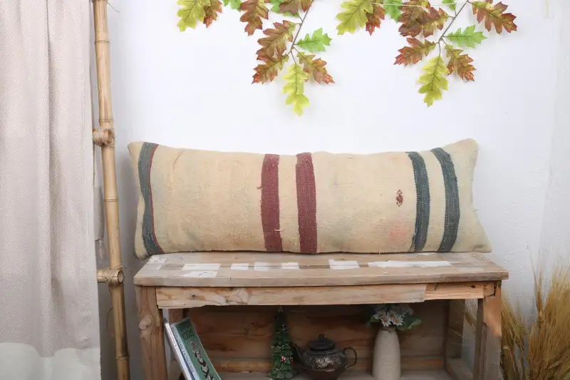 Beige & Green Striped Pillow, 12x36 Embroidered Throw Pillow