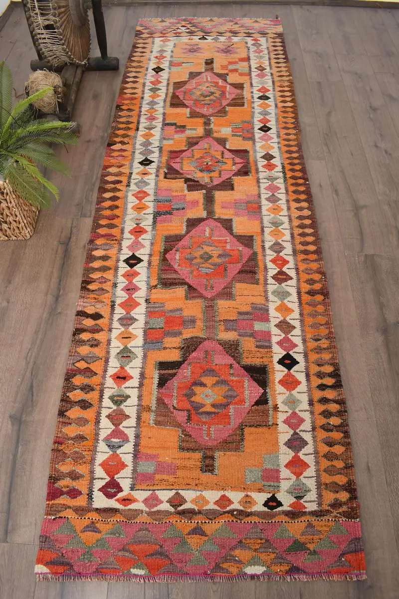 Vintage Runner Rug 2.9x9.9 ft, Orange Pink Floral Rug Wool - 1