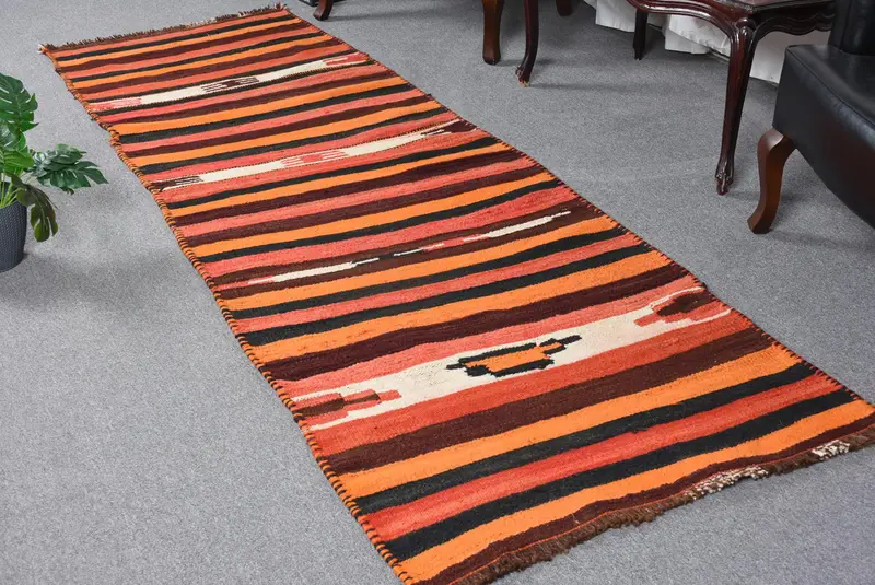 3x8.4 ft Türk Vintage Halı, Yolluk Halı, Herki Turuncu Yün Halı - 1