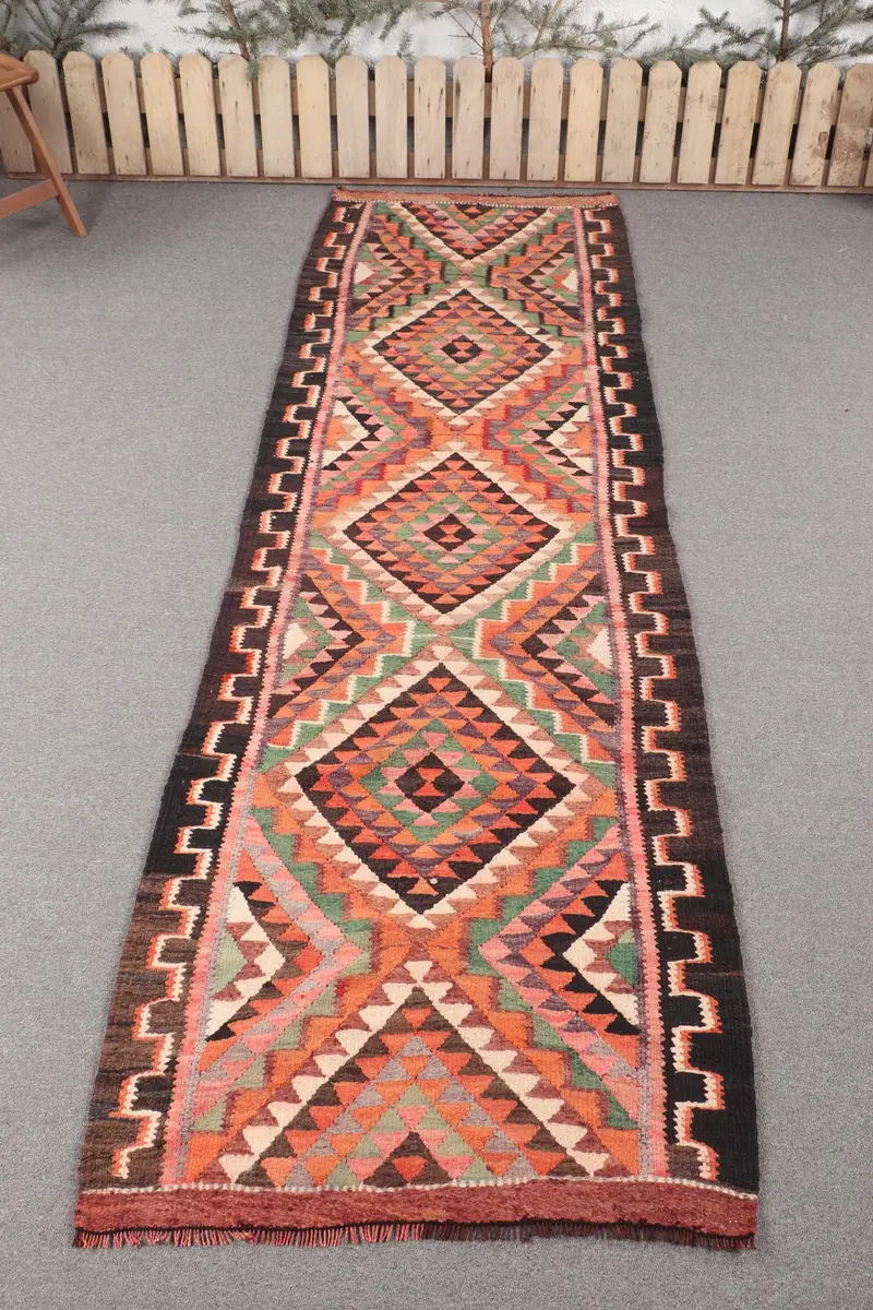 Handmade Orange & Green Rug, 3x8.9 ft Patchwork