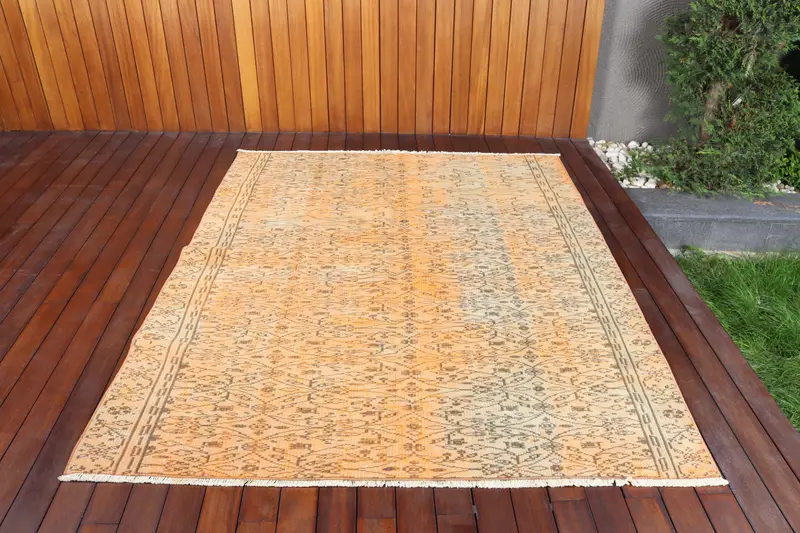 Vintage 5.4x6.7 ft Rug, Area Turkish Rug, Orange Brown Striped Rug - 1