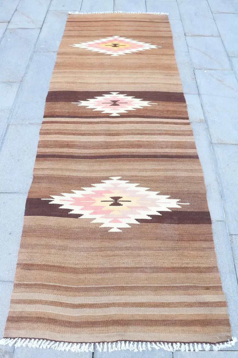 Kahverengi ve Bej Kareli Halı, 2,9x8,4 ft Şık Döşeme