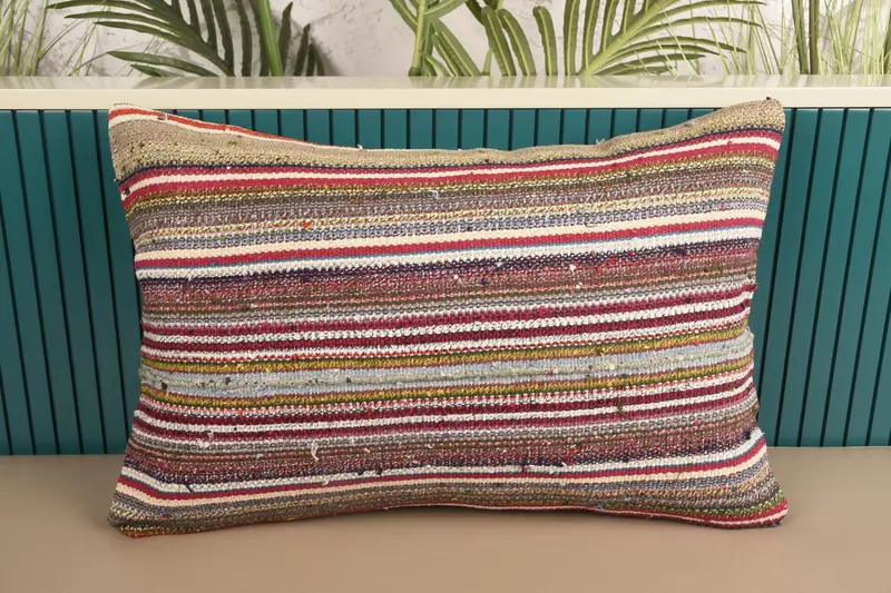 Throw Striped Wool Cushion, Gift 16x24 inch Red Pillow Cover - 1